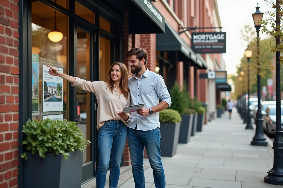 Jeune couple devant une agence de courtier en prêt hypothécaire dans une rue commerciale urbaine