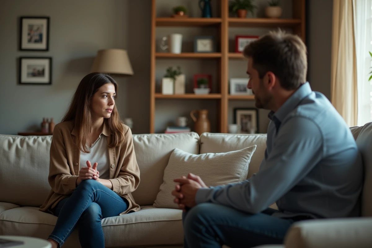 Couple en crise dans un salon familial, symbolisant les difficultés conjugales au sein d'une famille recomposée