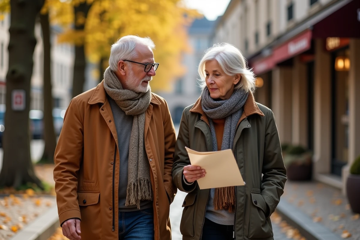 Couple de 62 ans discutant de leur départ à la retraite en se promenant dans une ville française