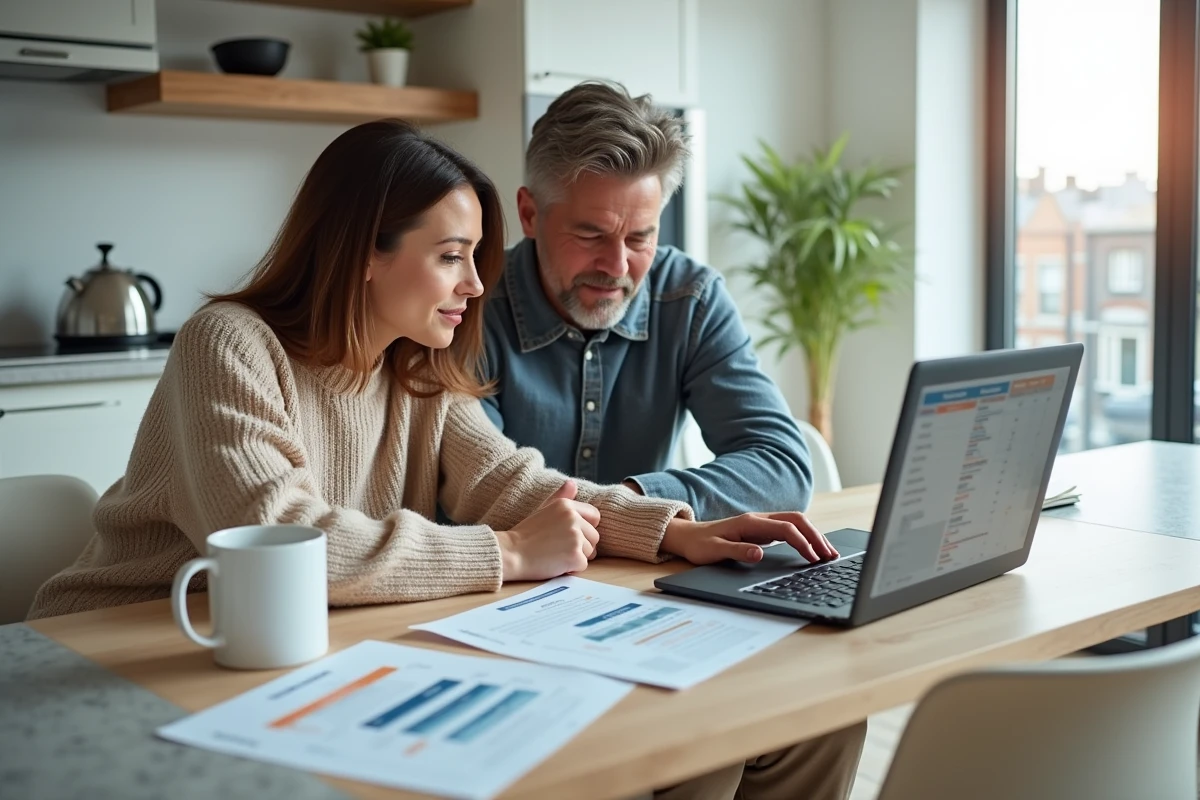 Couple étudiant un projet d'investissement immobilier locatif autour d'un ordinateur portable