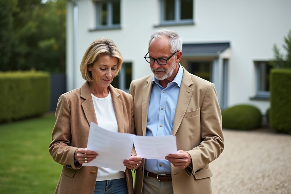 Couple de propriétaires consultant des documents financiers devant leur maison pour évaluer les actifs exonérés de l'IFI
