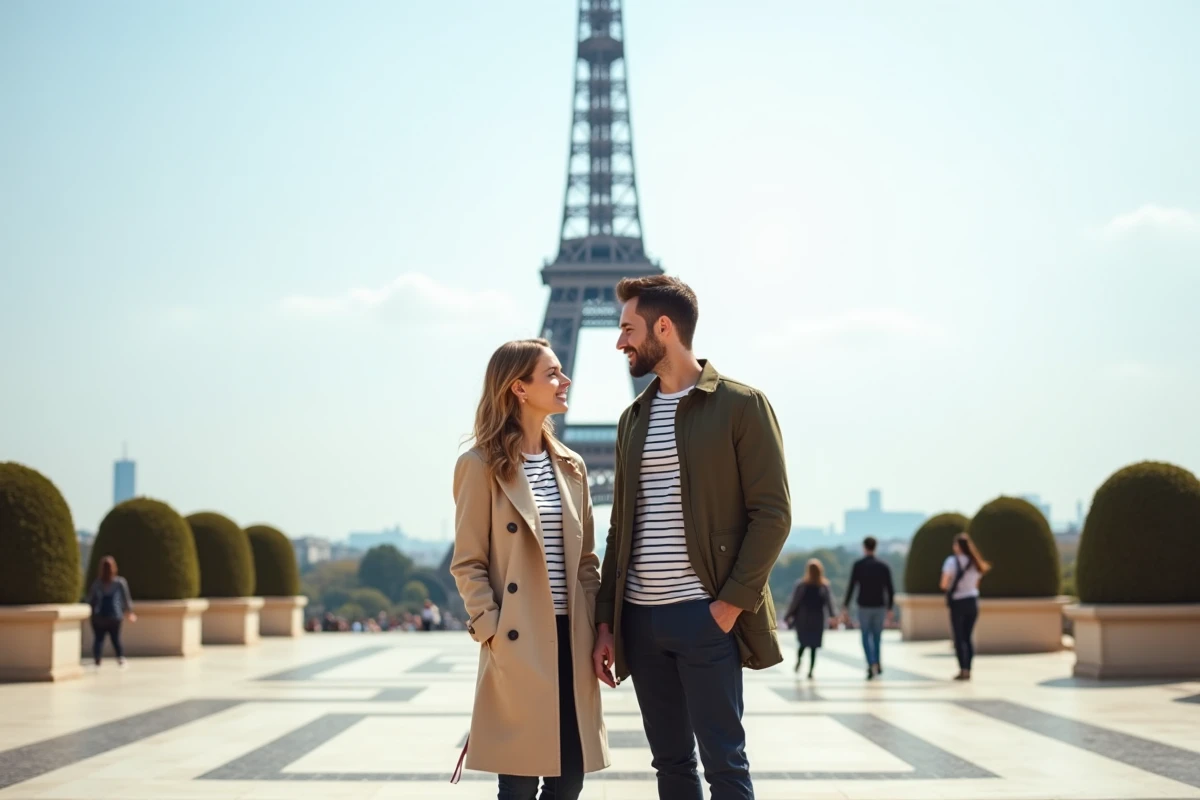 Couple romantique sur l'esplanade du Trocadéro avec la Tour Eiffel en arrière-plan à Paris