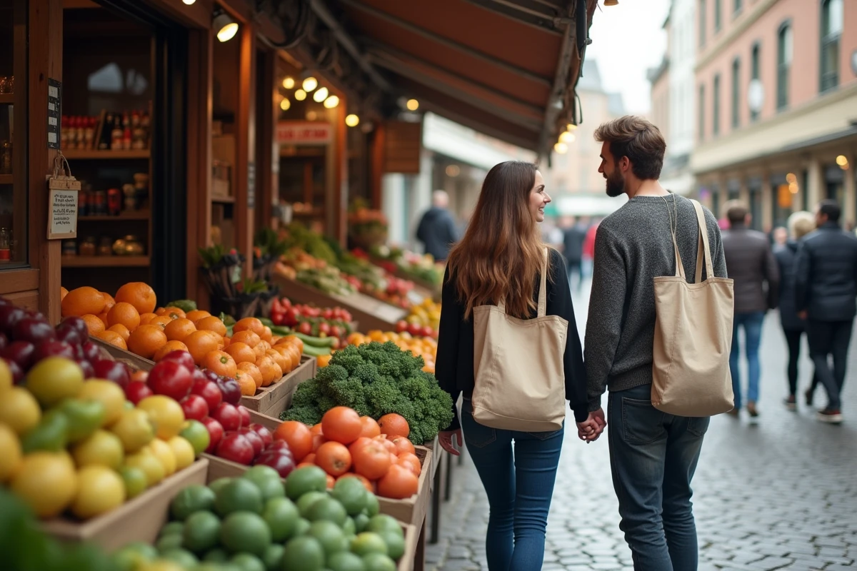 Couple qui fait ses courses dans un marché local de producteurs, choisissant des fruits et légumes de saison pour un mode de vie plus durable
