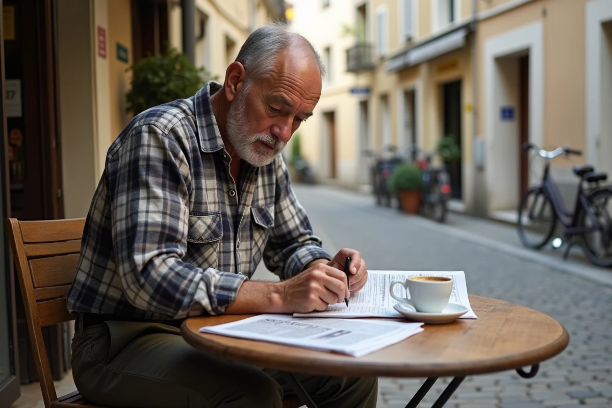 Homme calculant son budget de vie quotidienne dans un café de village français à coût de vie réduit