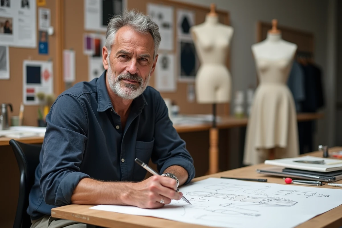 Créateur de mode masculin dessinant des silhouettes dans un atelier de stylisme, représentant le processus créatif de la mode