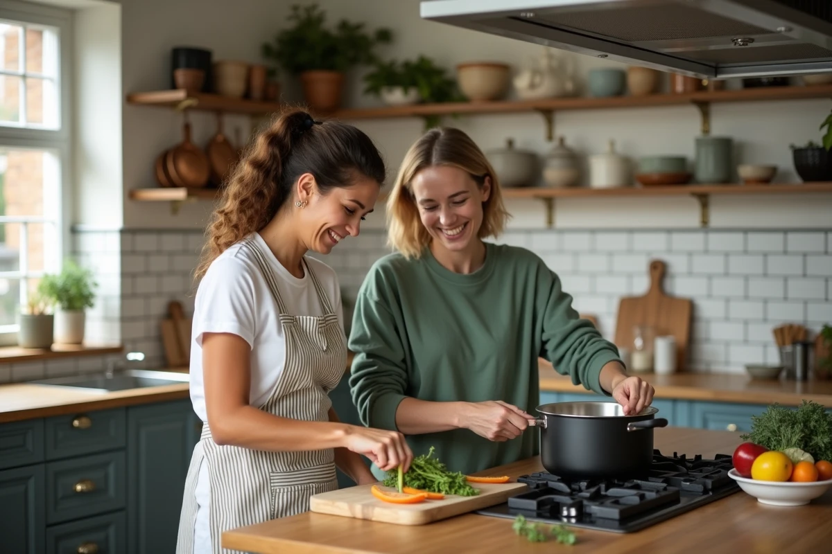 Deux femmes cuisinant ensemble dans une cuisine commune de co-living avec étagères ouvertes et ustensiles en cuivre