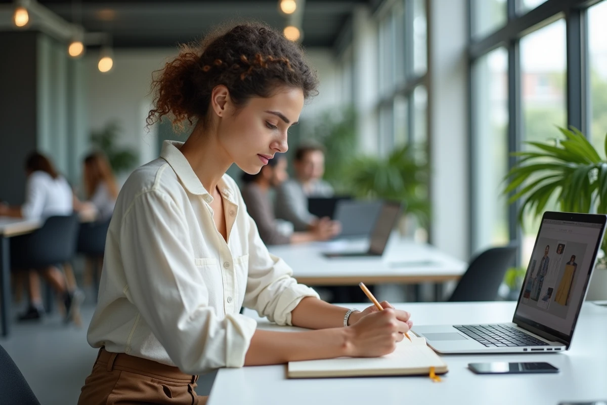 Jeune designeuse au bureau dans un open space moderne, dessinant des concepts dans un carnet de croquis professionnel