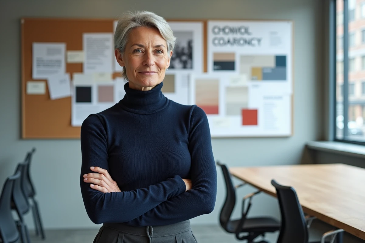 Designeuse senior réfléchissant devant un tableau de présentation couvert de maquettes typographiques et de palettes de couleurs dans une agence de design