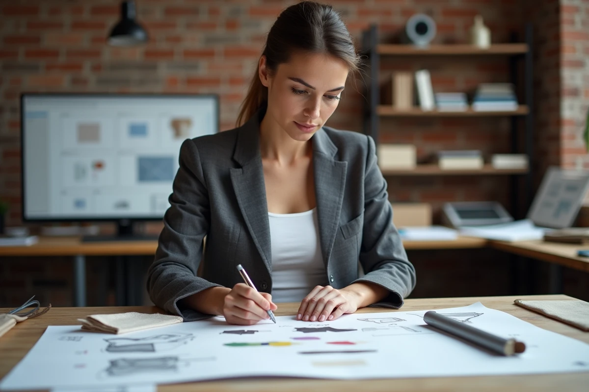 Designeuse professionnelle dans son studio créatif examinant des croquis et des échantillons de matières sur une table de travail en bois
