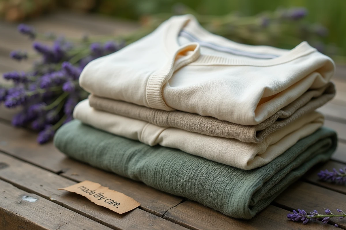 Détail de vêtements écoresponsables pliés en coton bio et lin naturel avec étiquette artisanale sur bois recyclé