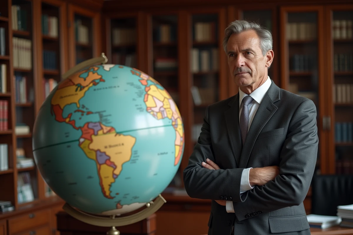Diplomate en costume analysant un globe terrestre dans un bureau gouvernemental, illustrant la complexité des enjeux géopolitiques