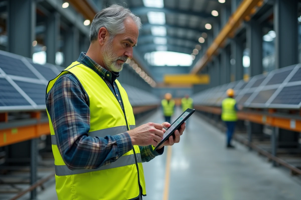Ingénieur examinant des données de consommation énergétique dans une usine de fabrication de panneaux solaires, symbolisant la durabilité économique et industrielle