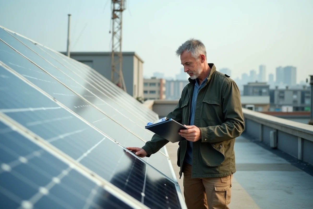 Technicien inspectant des panneaux solaires sur un toit en milieu urbain, symbolisant les principes de durabilité et d'énergie renouvelable