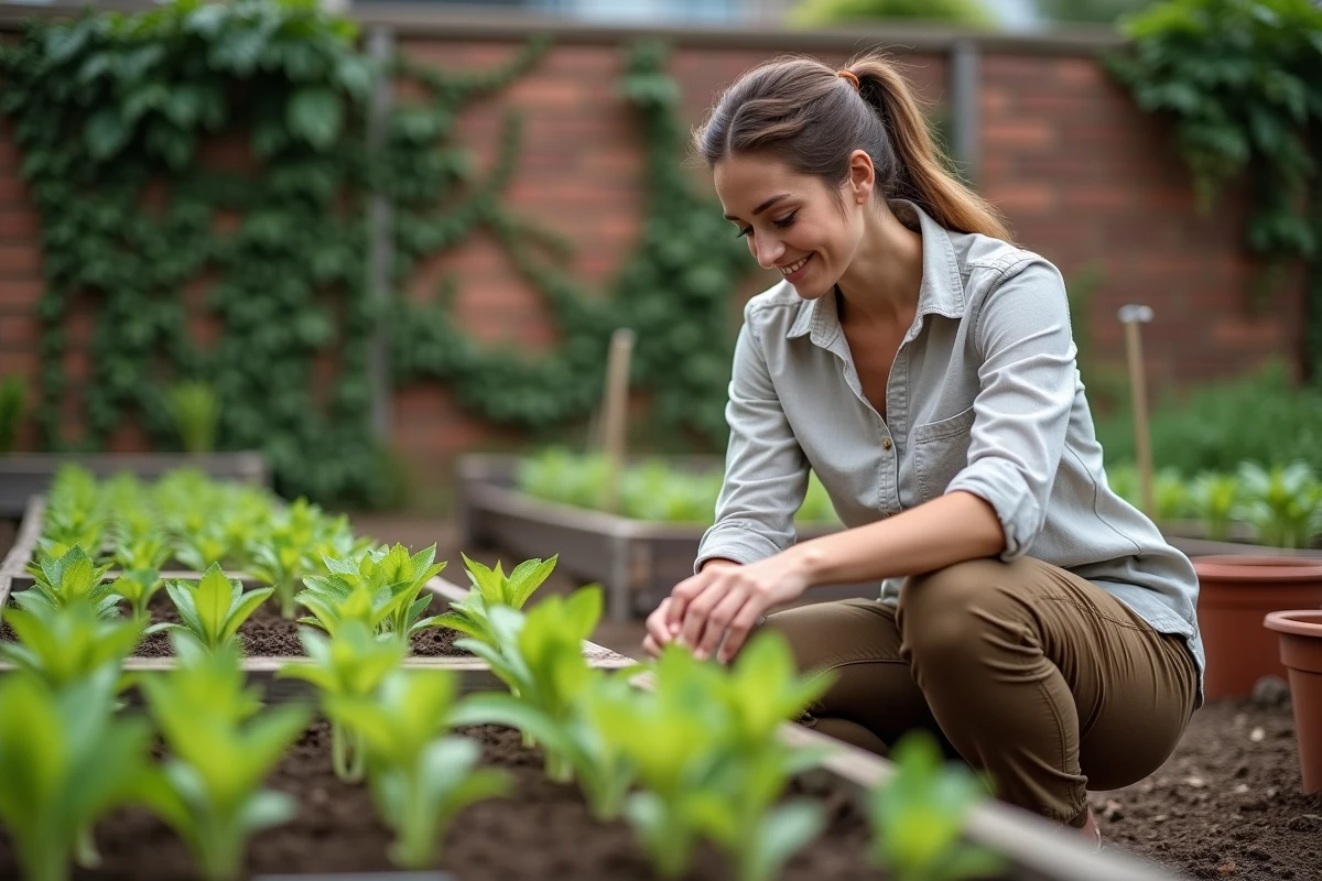 Femme qui jardine dans un potager urbain, illustrant le principe de durabilité environnementale