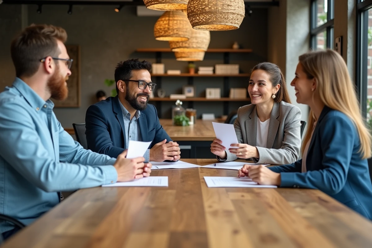 Groupe de professionnels en réunion autour d'une table en bois, discutant des principes de durabilité sociale et économique