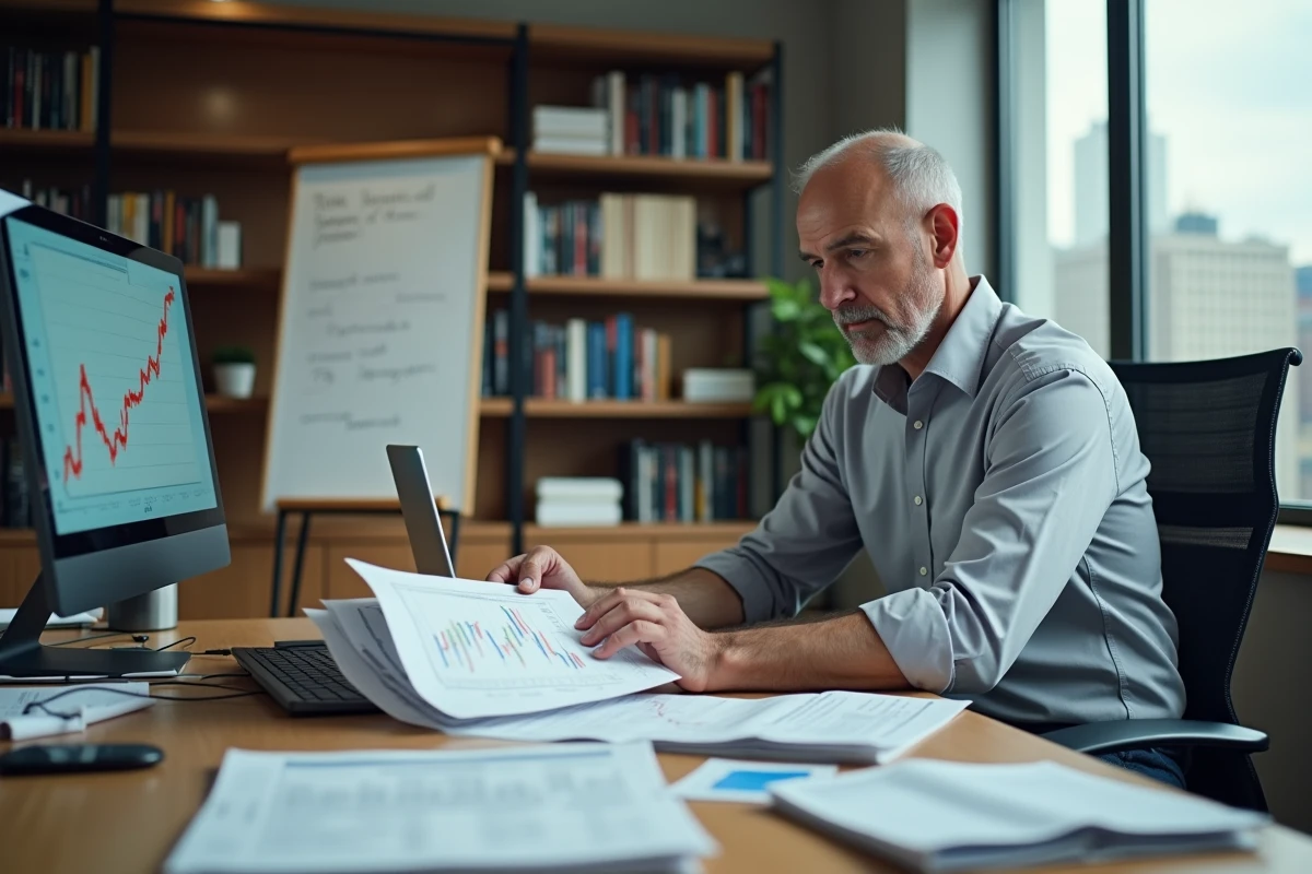 Économiste analysant des graphiques de baisse des prix à son bureau, avec courbes tendancielles à la baisse illustrant le phénomène de déflation économique