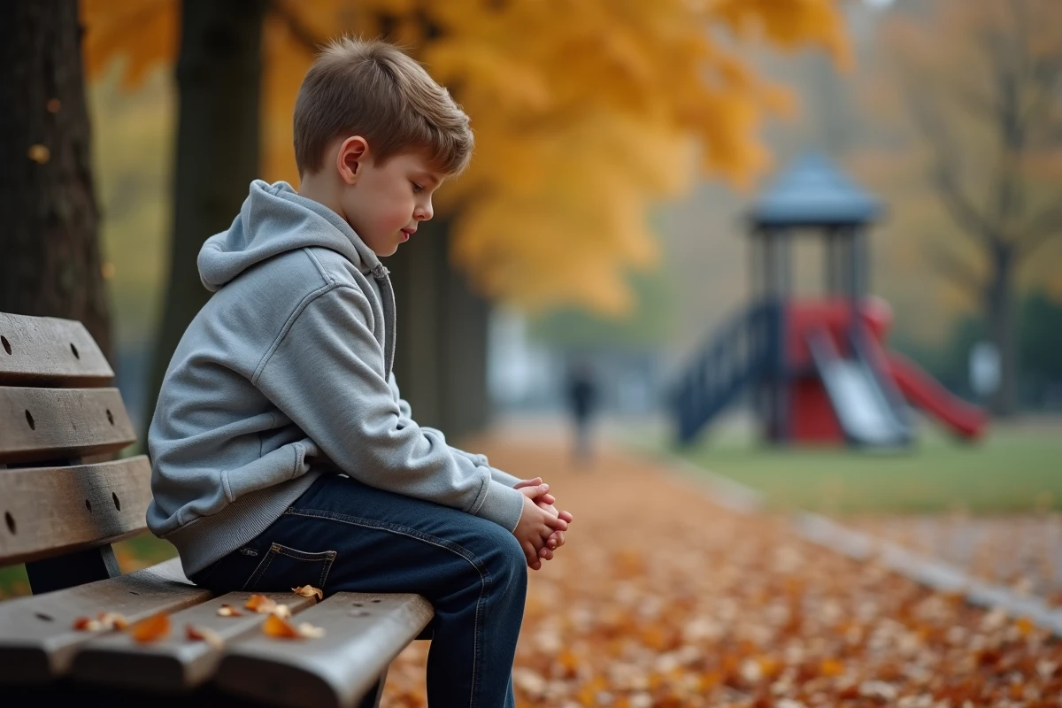 Jeune garçon assis seul sur un banc de parc en automne, exprimant la solitude liée à l'absence paternelle