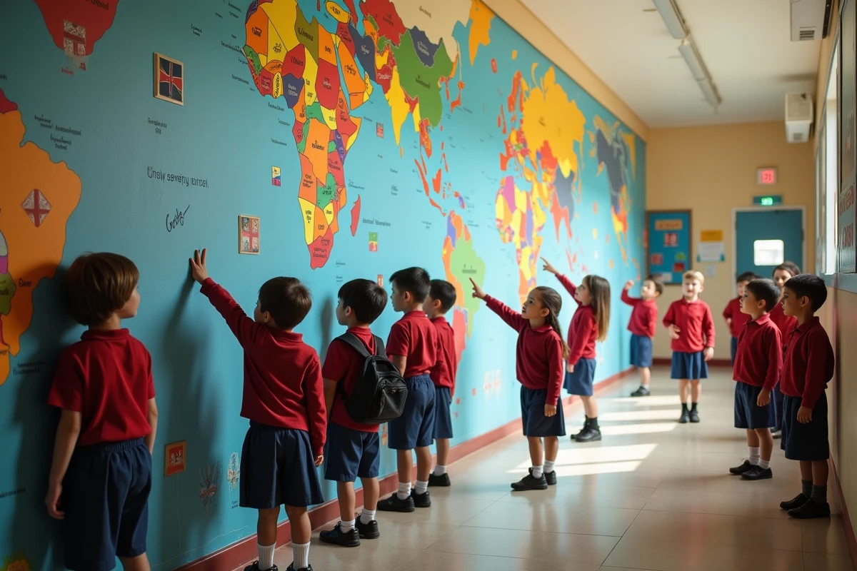 Enfants multiculturels découvrant une fresque murale représentant des cultures du monde dans un couloir scolaire