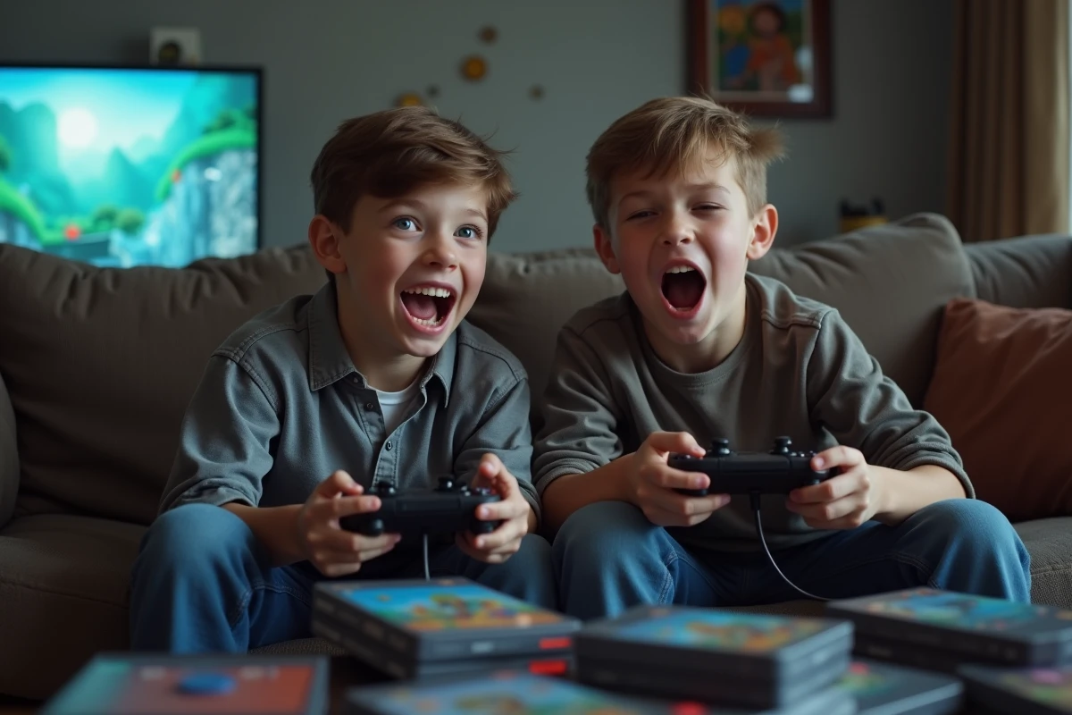 Deux garçons jouant aux jeux vidéo ensemble sur un canapé avec des expressions animées