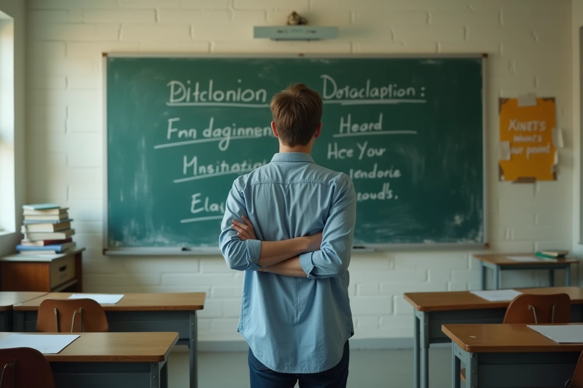 Enseignant pensif devant un tableau blanc dans une salle de classe vide, symbolisant les défis de l'éducation scolaire
