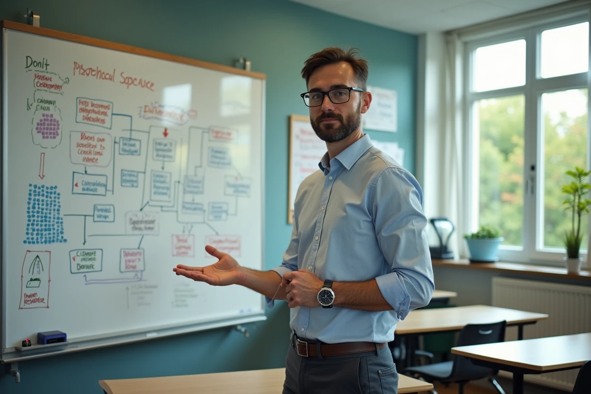 Enseignant expliquant les stratégies de développement durable au tableau dans une salle de cours de lycée