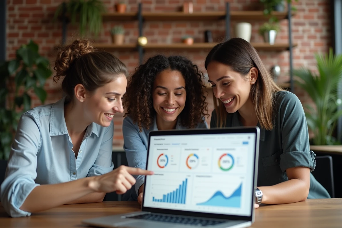 Équipe de professionnels analysant les KPI d'un site web autour d'un ordinateur portable en espace de travail collaboratif