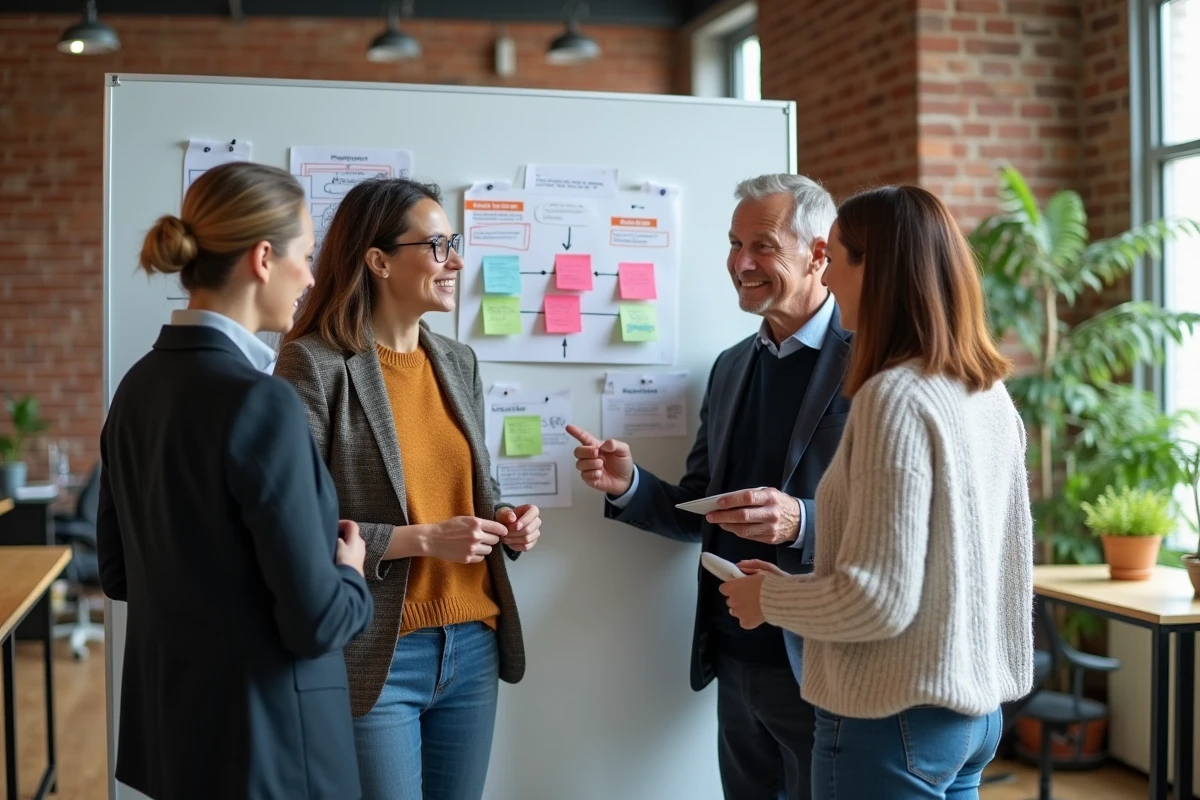 Équipe diverse collaborant autour d'un tableau blanc lors d'une session de travail en partenariat