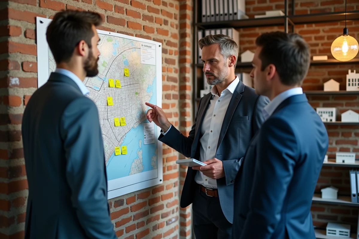 Équipe de professionnels de l'immobilier étudiant une carte d'investissement locatif dans un espace de co-working