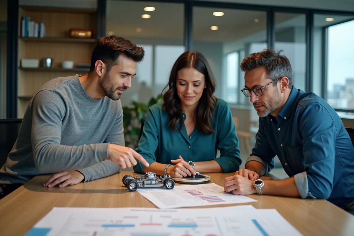 Équipe de professionnels évaluant des prototypes de produits lors d'une réunion d'intrapreneuriat en salle de conférence