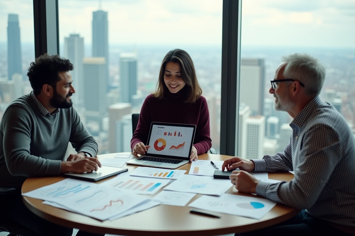 Équipe pluridisciplinaire travaillant sur un plan de transformation numérique autour d'une table de réunion