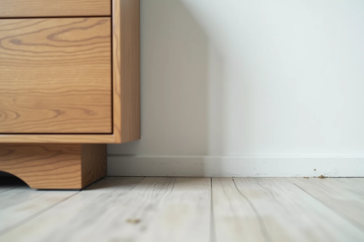 Espace vide et étroit entre un meuble buffet en bois et un mur blanc dans un salon moderne