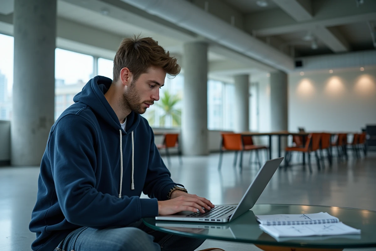 Jeune homme étudiant les solutions d'inégalités mathématiques sur ordinateur portable dans un espace de travail universitaire moderne