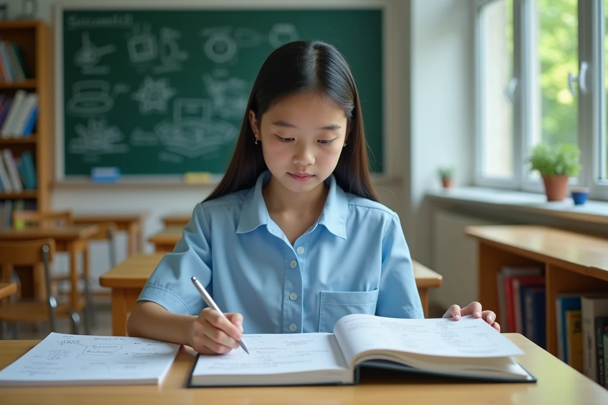 Étudiante de terminale révisant ses stratégies de développement durable sur une tablette avec des manuels ouverts dans une salle de classe organisée