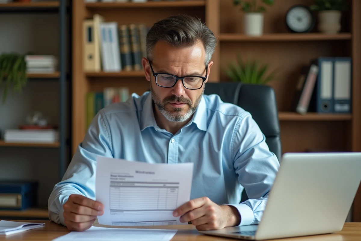 Homme consultant un document administratif pour une demande d'exonération de taxe sur la carte grise