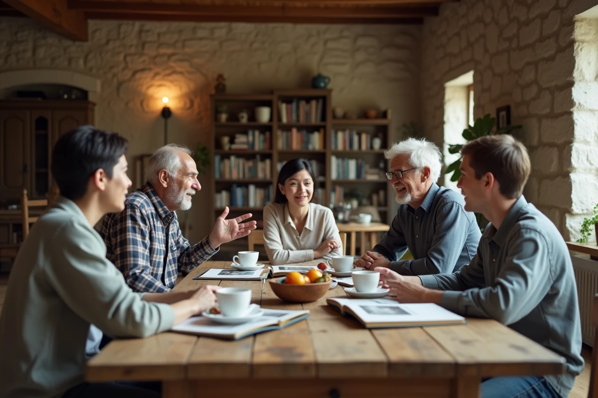 Famille multigénérationnelle réunie autour d'une table, échangeant des souvenirs à travers des albums photos, renforçant les liens entre générations