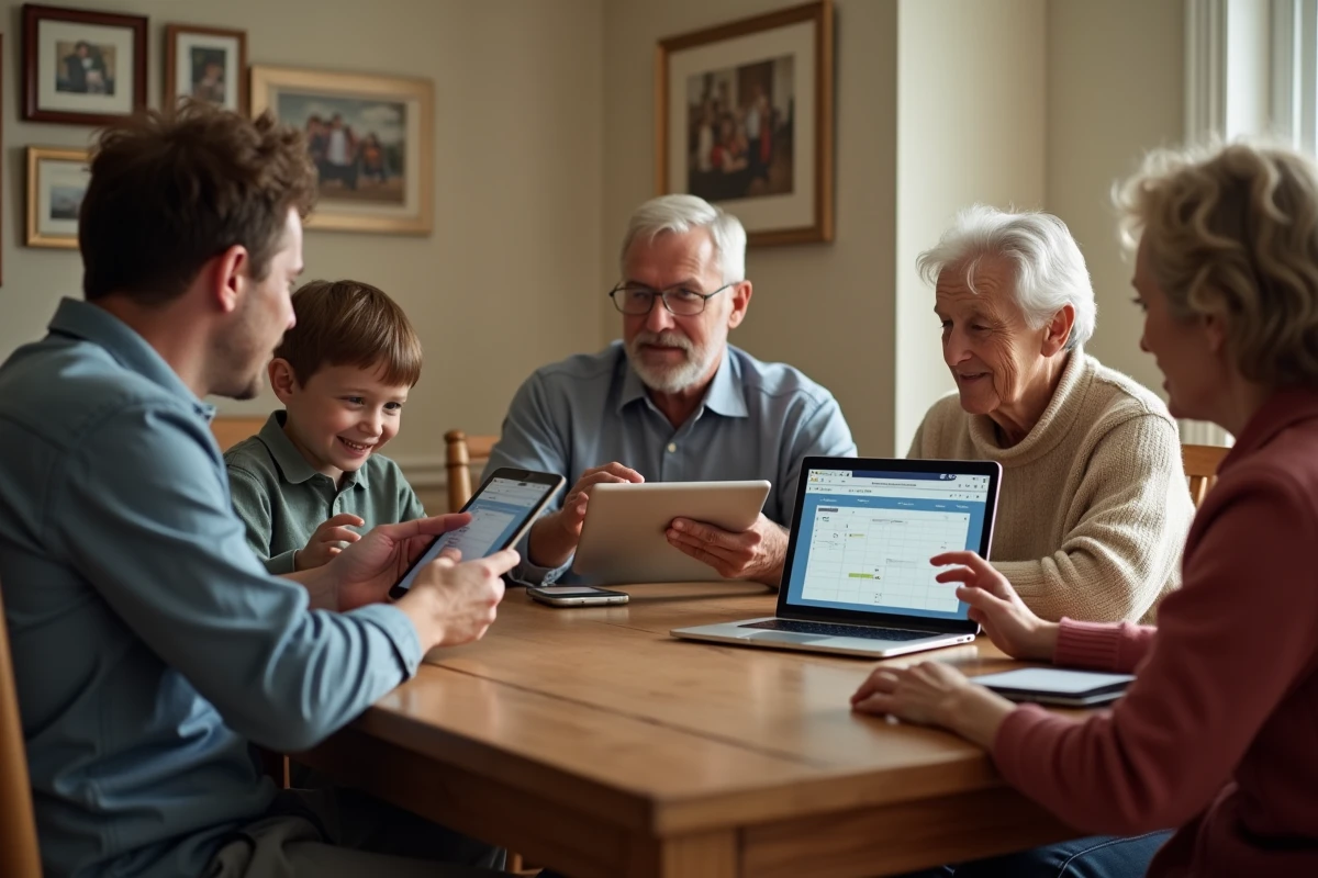 Famille multigénérationnelle utilisant tablettes et ordinateurs pour planifier une réunion ensemble