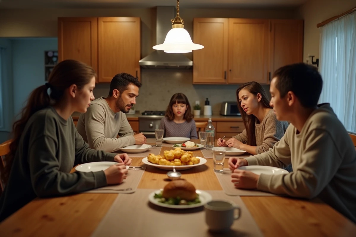Famille recomposée en tension lors d'un repas, illustrant les difficultés relationnelles entre beaux-parents et enfants