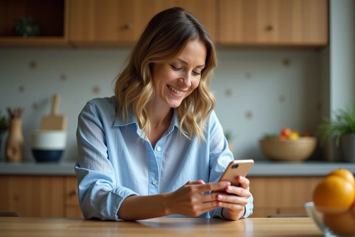 Femme utilisant une application mobile pour organiser une réunion de famille depuis sa cuisine