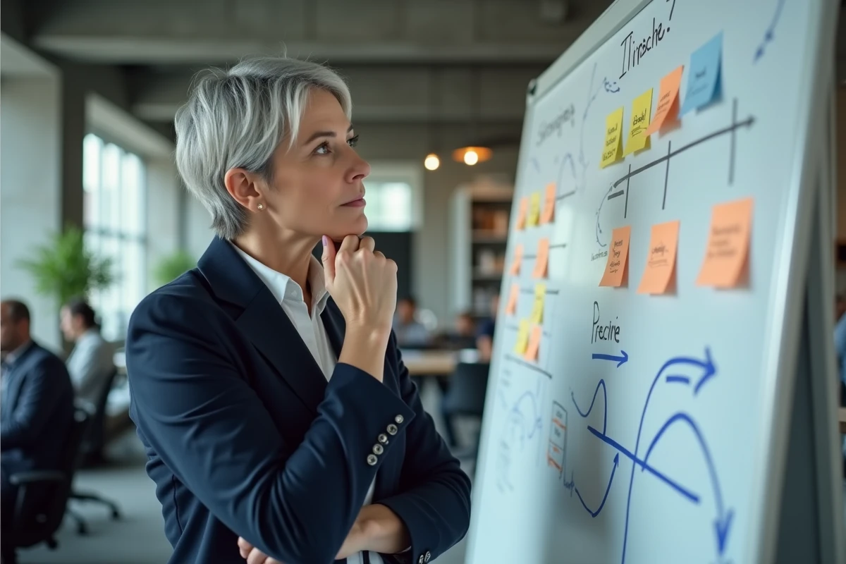 Femme cadre analysant un tableau de stratégie d'innovation dans un bureau moderne