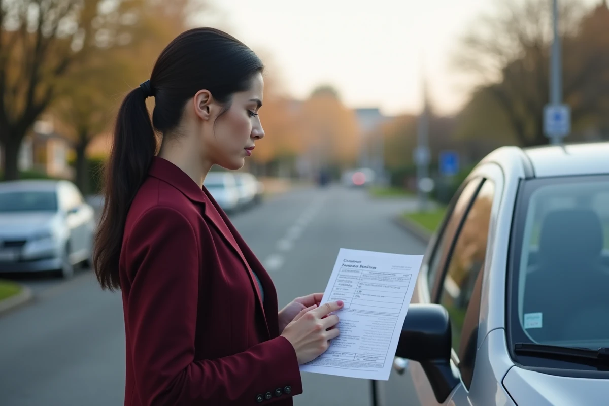 Femme tenant son certificat d'immatriculation à côté de sa voiture pour vérifier une exonération de taxe