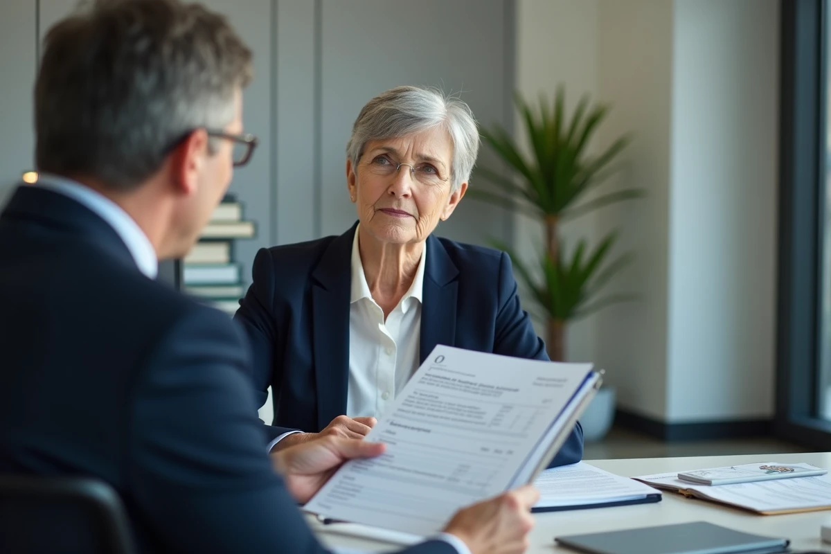 Femme de 62 ans en rendez-vous avec un conseiller retraite dans un bureau administratif