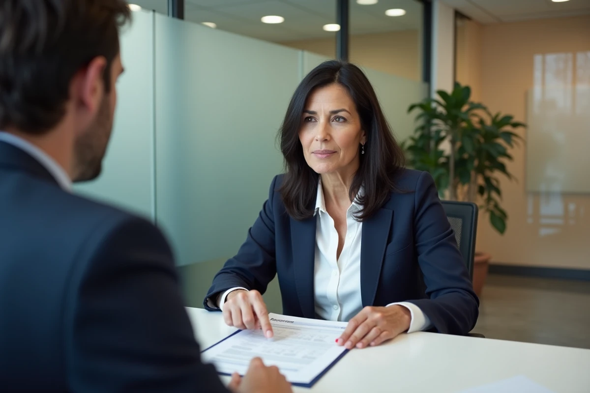 Une femme de 52 ans en réunion avec un conseiller financier consulte une projection de retraite, abordant la prise en compte du 13e mois dans le calcul des droits à la retraite