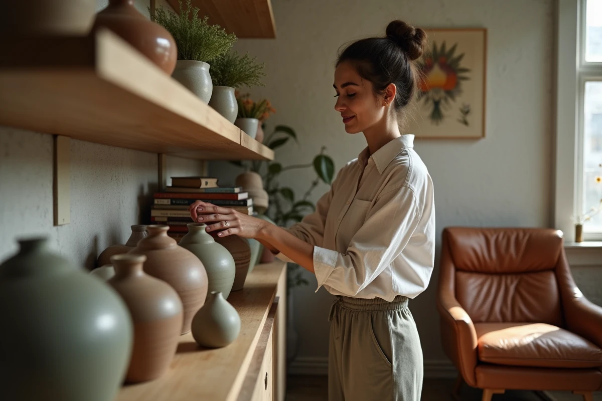 Femme arrangeant des vases en céramique sur une étagère en bois dans un intérieur chaleureux et personnalisé