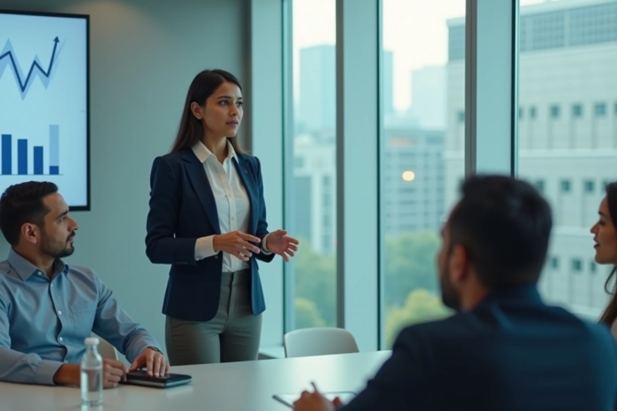 Femme cadre dirigeant une présentation devant une équipe mixte dans une salle de réunion en entreprise