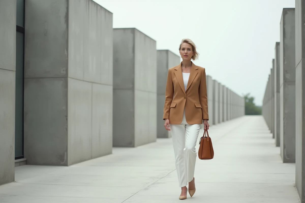 Femme élégante aux vêtements minimalistes marchant dans une rue urbaine aux lignes épurées et à l'architecture béton