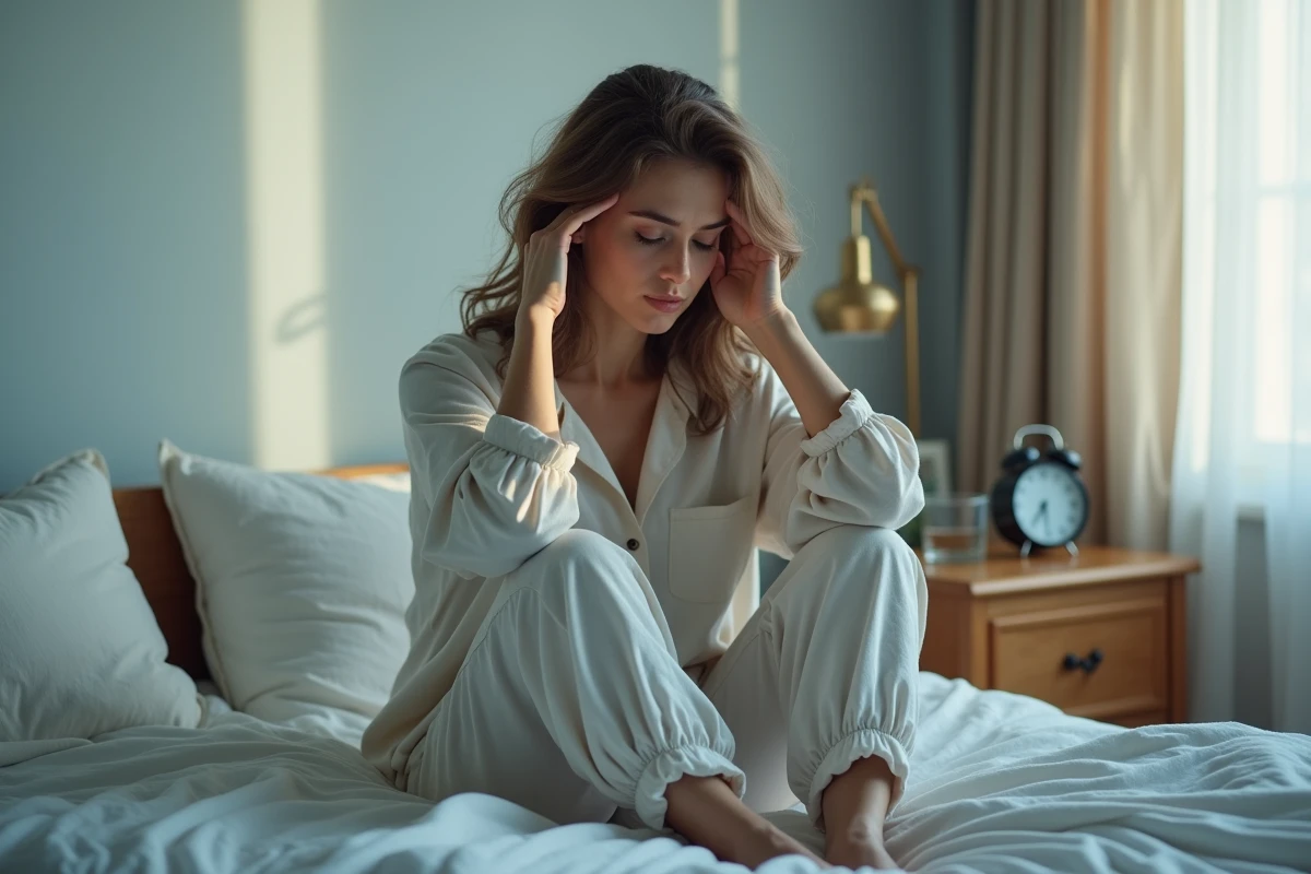 Femme fatiguée assise au bord du lit le matin, signe d'un sommeil non réparateur