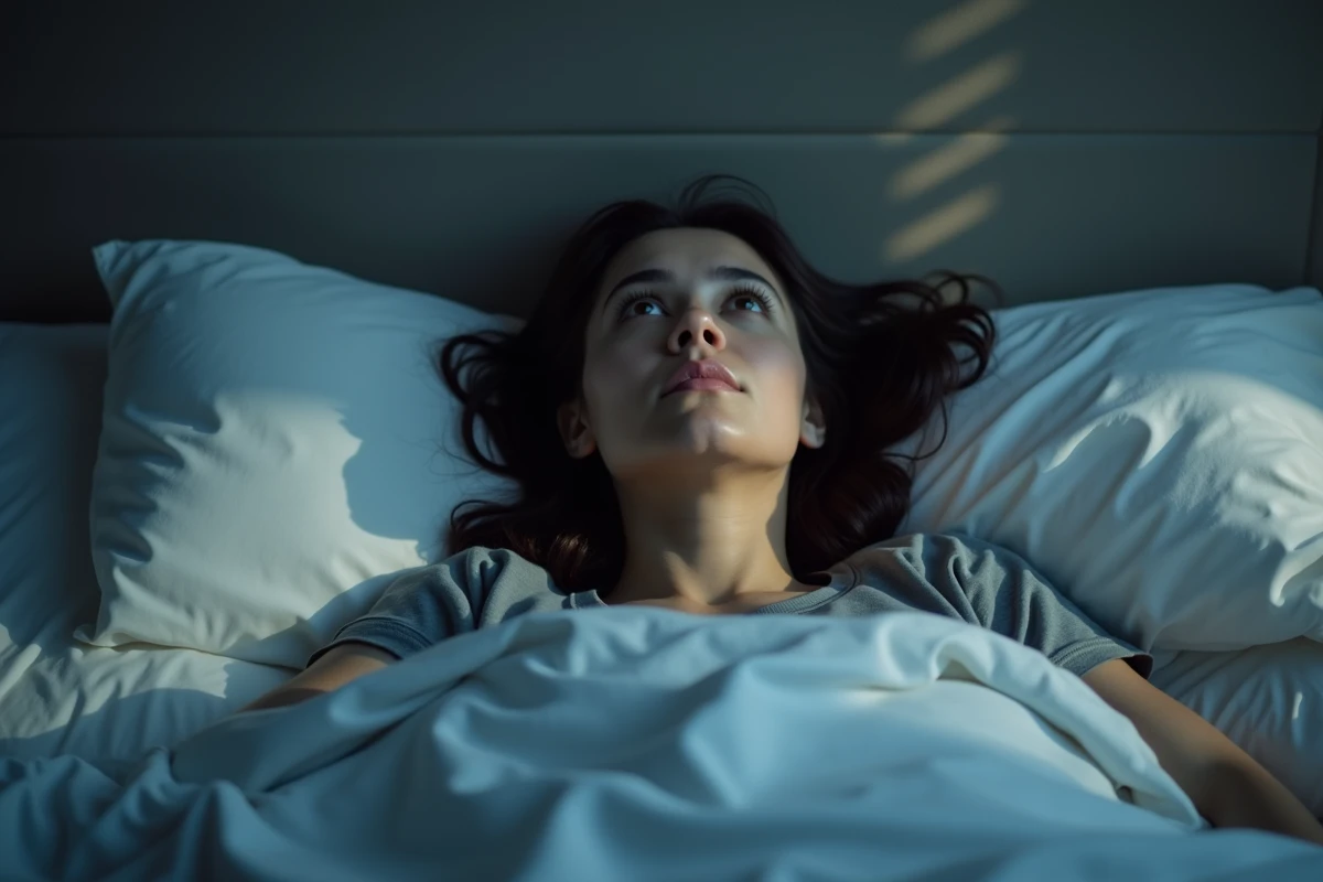 Femme allongée les yeux ouverts la nuit, incapable de dormir profondément