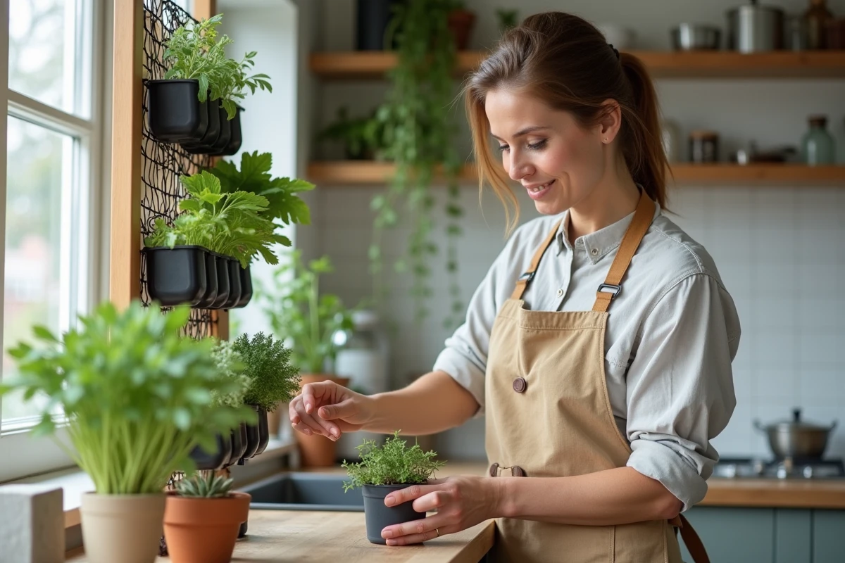 Femme installant des herbes aromatiques dans un mur végétal intérieur en bois recyclé dans une cuisine