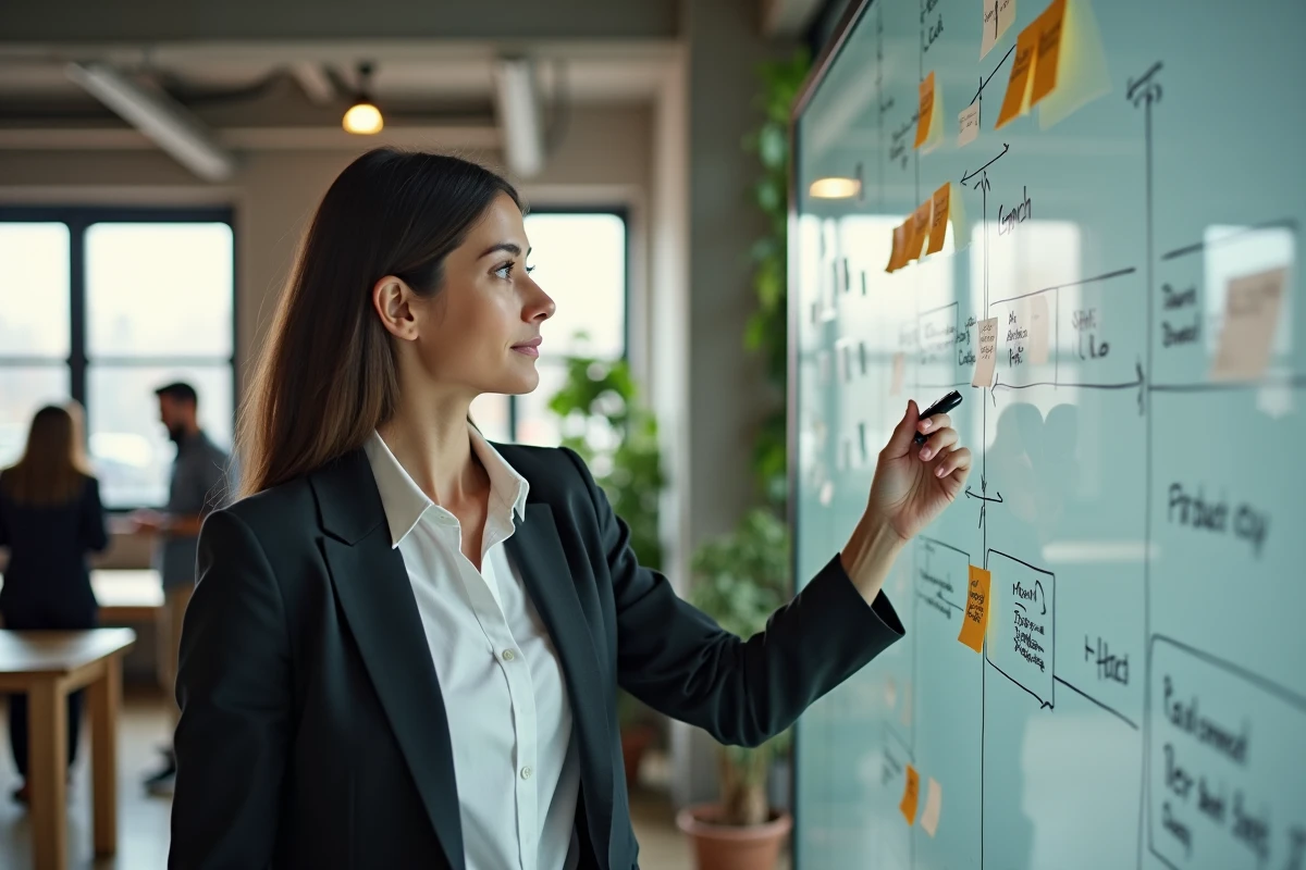 Femme cadre écrivant des idées sur un tableau blanc dans un bureau moderne, illustrant le processus d'intrapreneuriat en entreprise