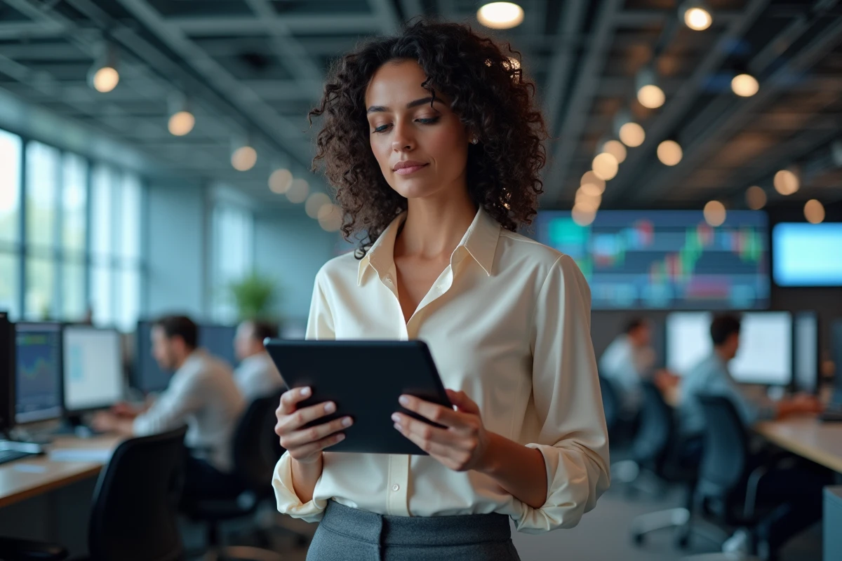 Femme investisseuse analysant un portefeuille boursier avec une expression hésitante dans une salle de marché